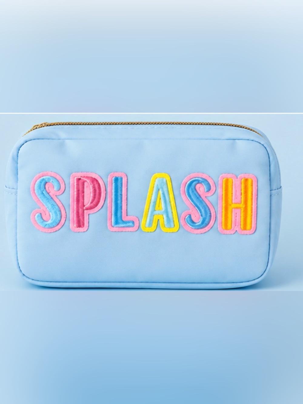 Blue ‘SPLASH’ nylon Travel Pouch with multicolored letter patches